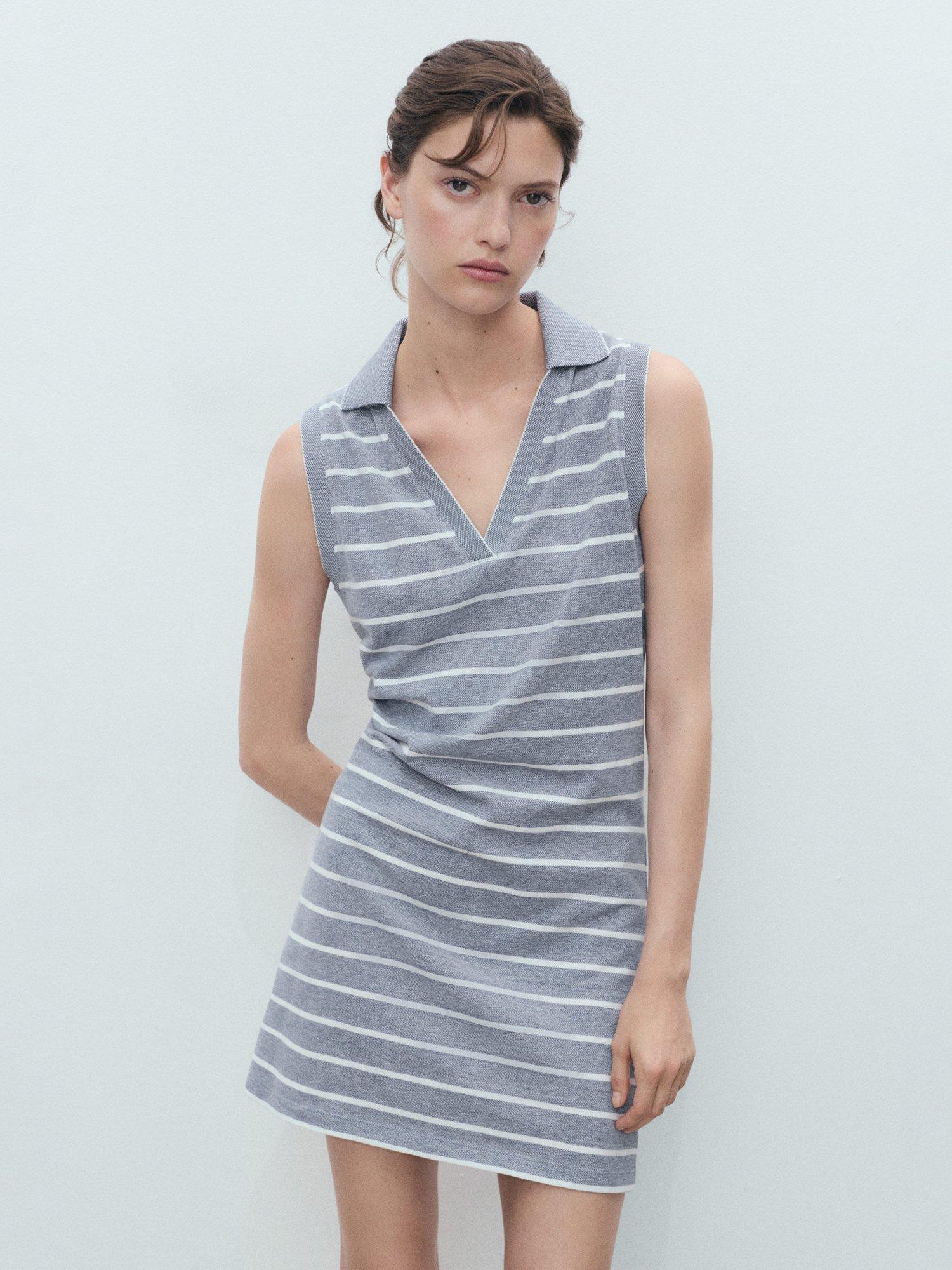 Product image 1 of 7, which shows Mango Pola-H Sleeveless Cotton Polo Mini Dress, Medium Blue, 10