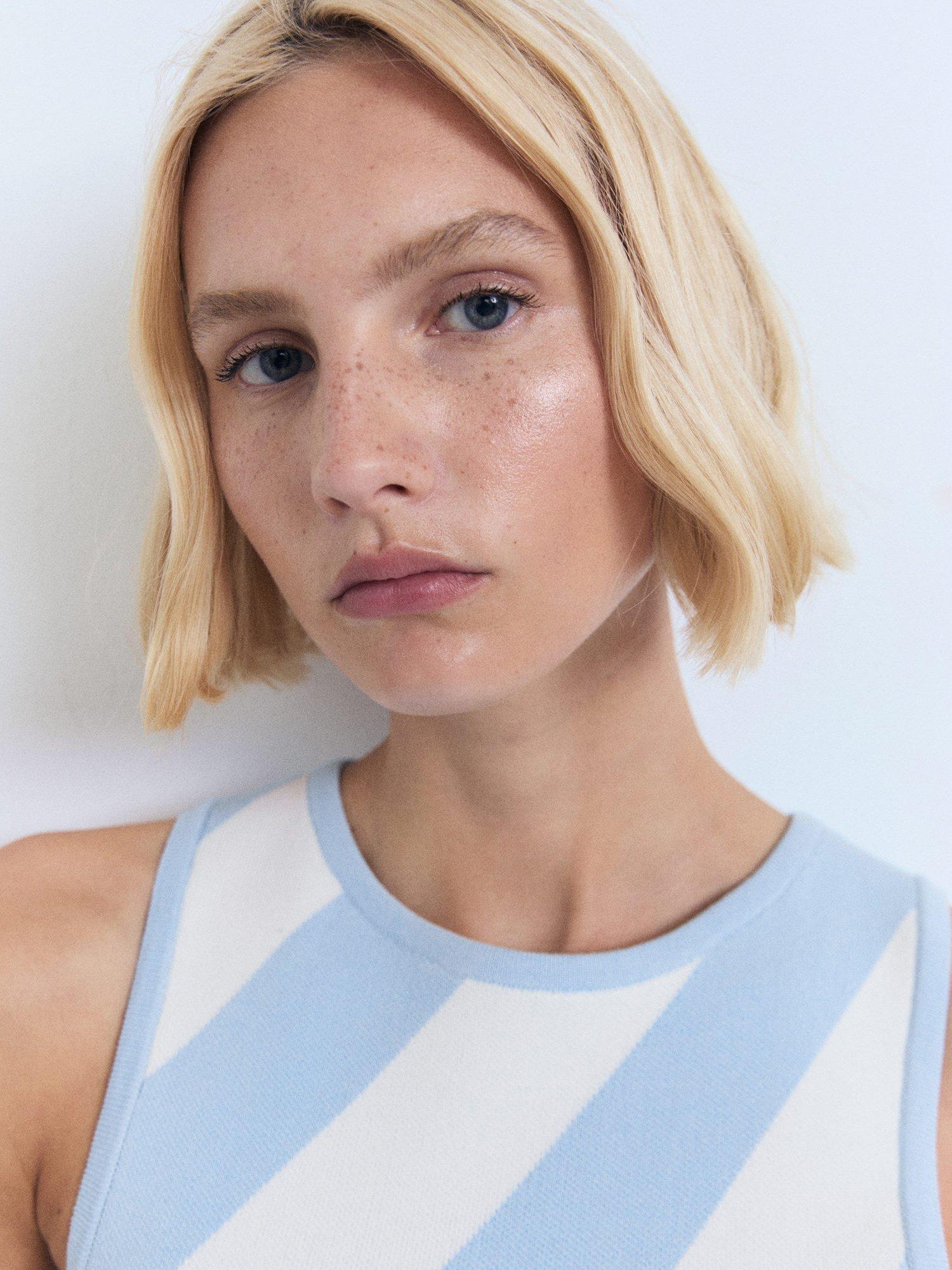 Product image 6 of 8, which shows Mango Rallado Diagonal Stripe Sleeveless Mini Dress, Pastel Blue, 10