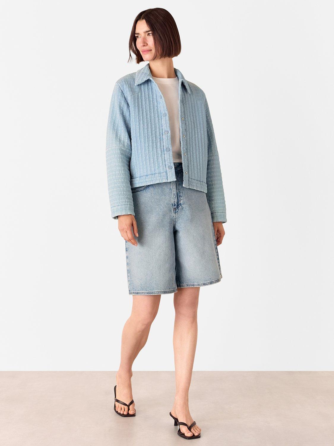 Product image 3 of 5, which shows Whistles Quilted Cotton Chambray Jacket, Pale Blue, 6