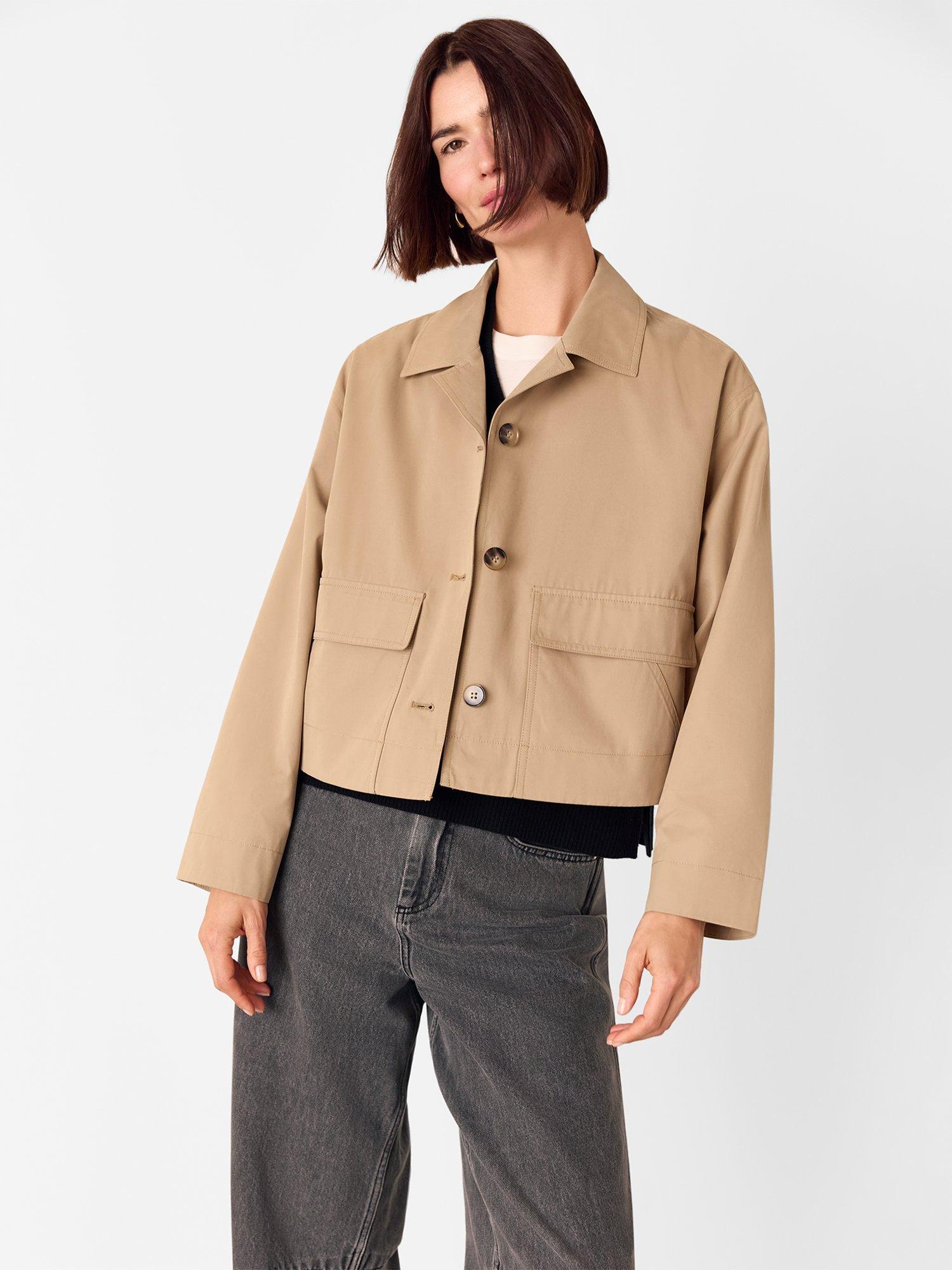 Product image 4 of 5, which shows Whistles Short Cotton Blend Crop Buttoned Trench Coat, Neutral, 6