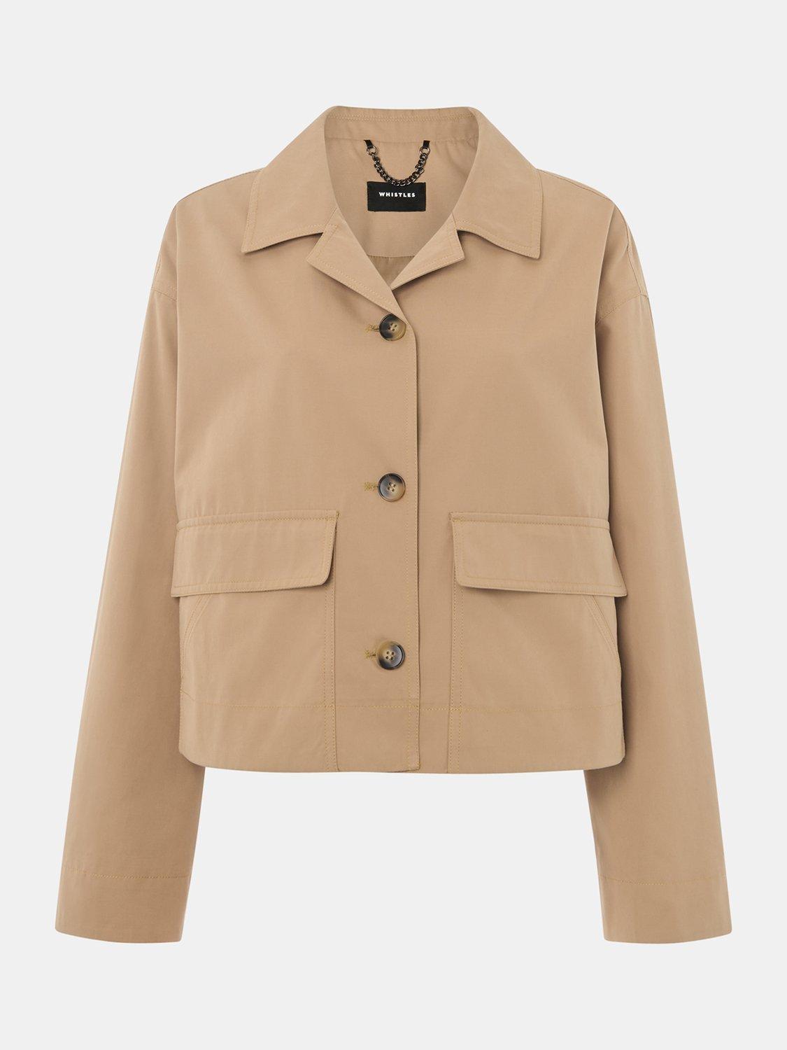 Product image 5 of 5, which shows Whistles Short Cotton Blend Crop Buttoned Trench Coat, Neutral, 6