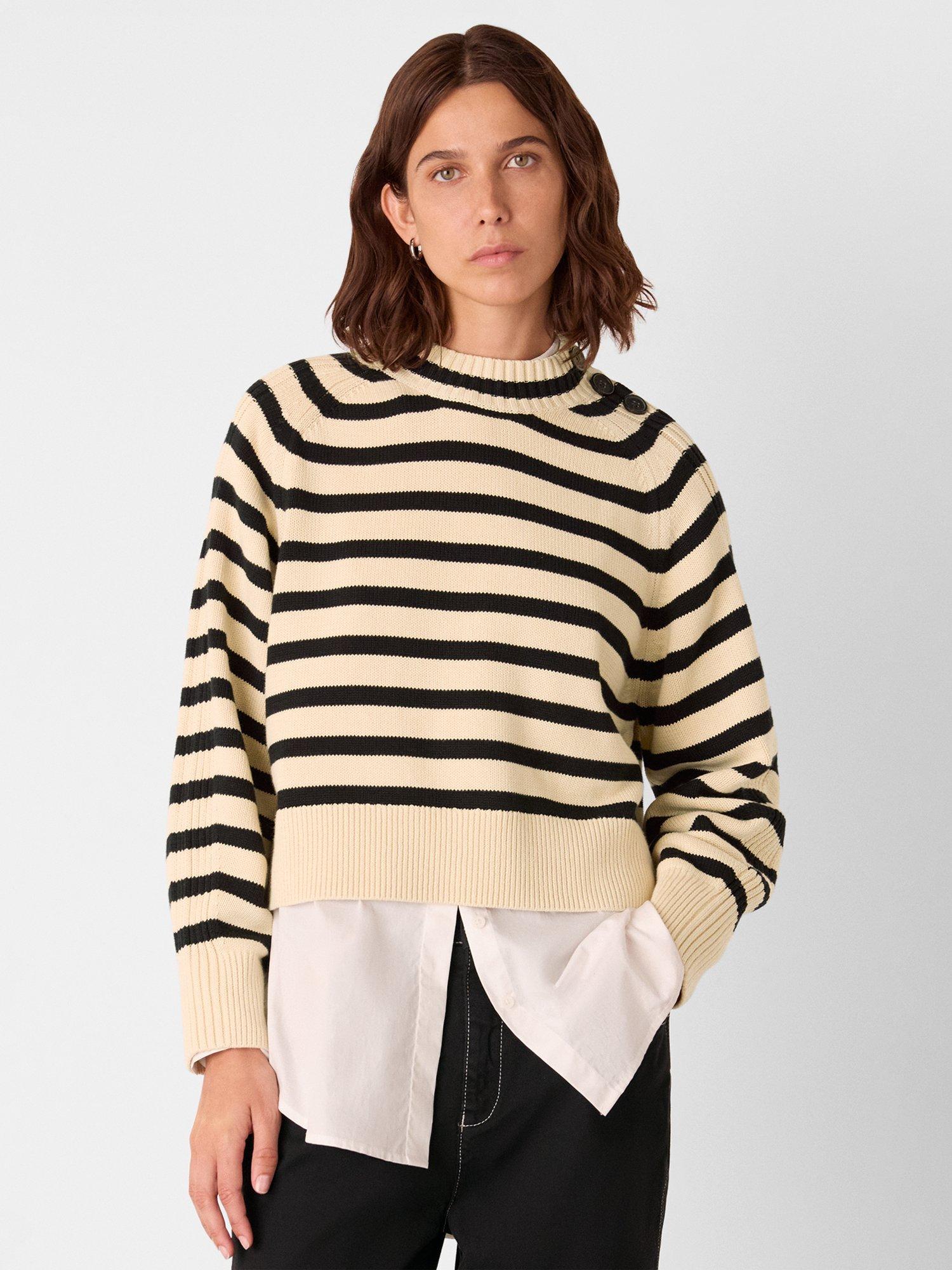 Product image 1 of 5, which shows Whistles Stripe Button Detail Jumper, Ivory/Multi, XS