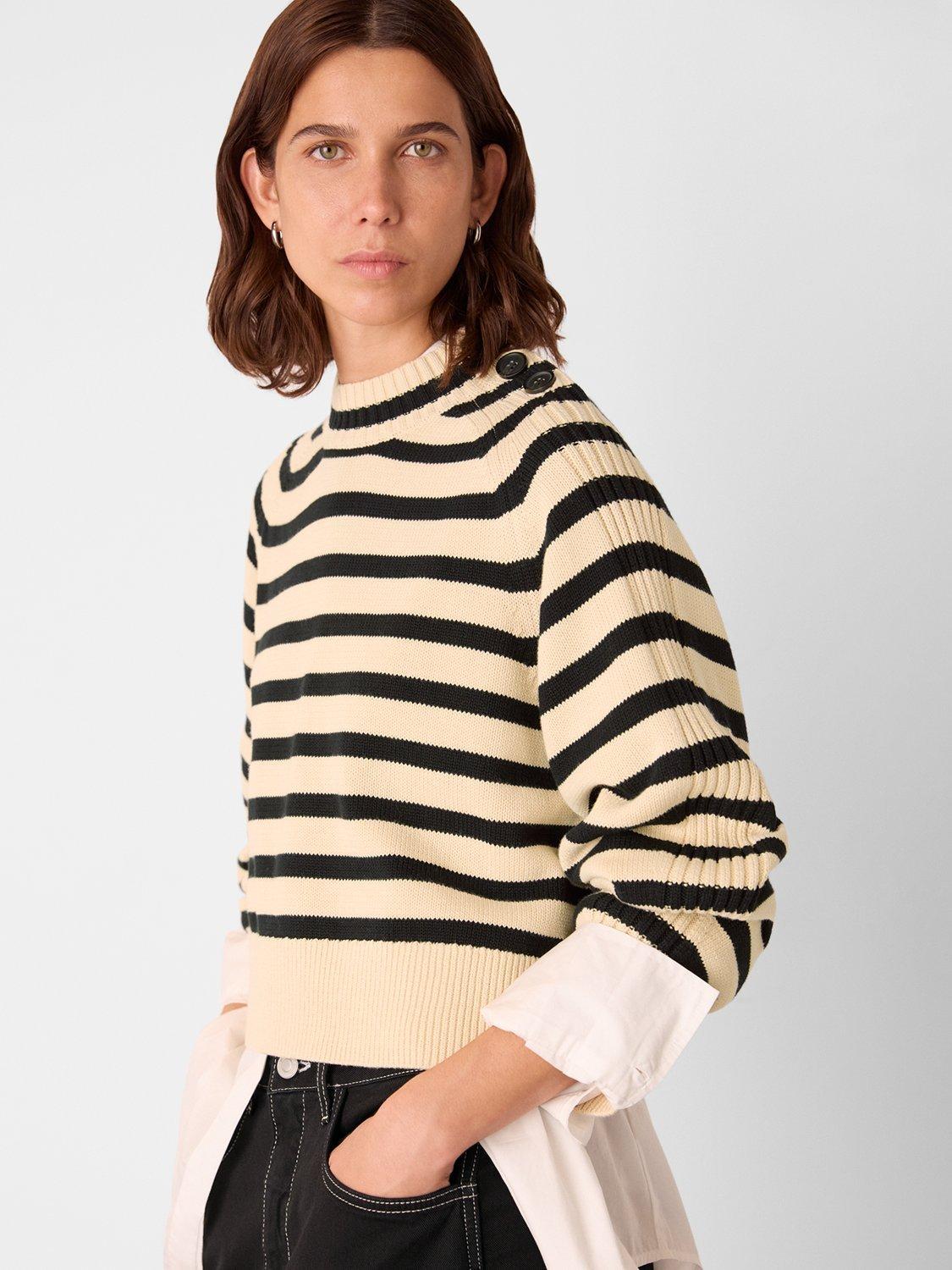 Product image 4 of 5, which shows Whistles Stripe Button Detail Jumper, Ivory/Multi, XS