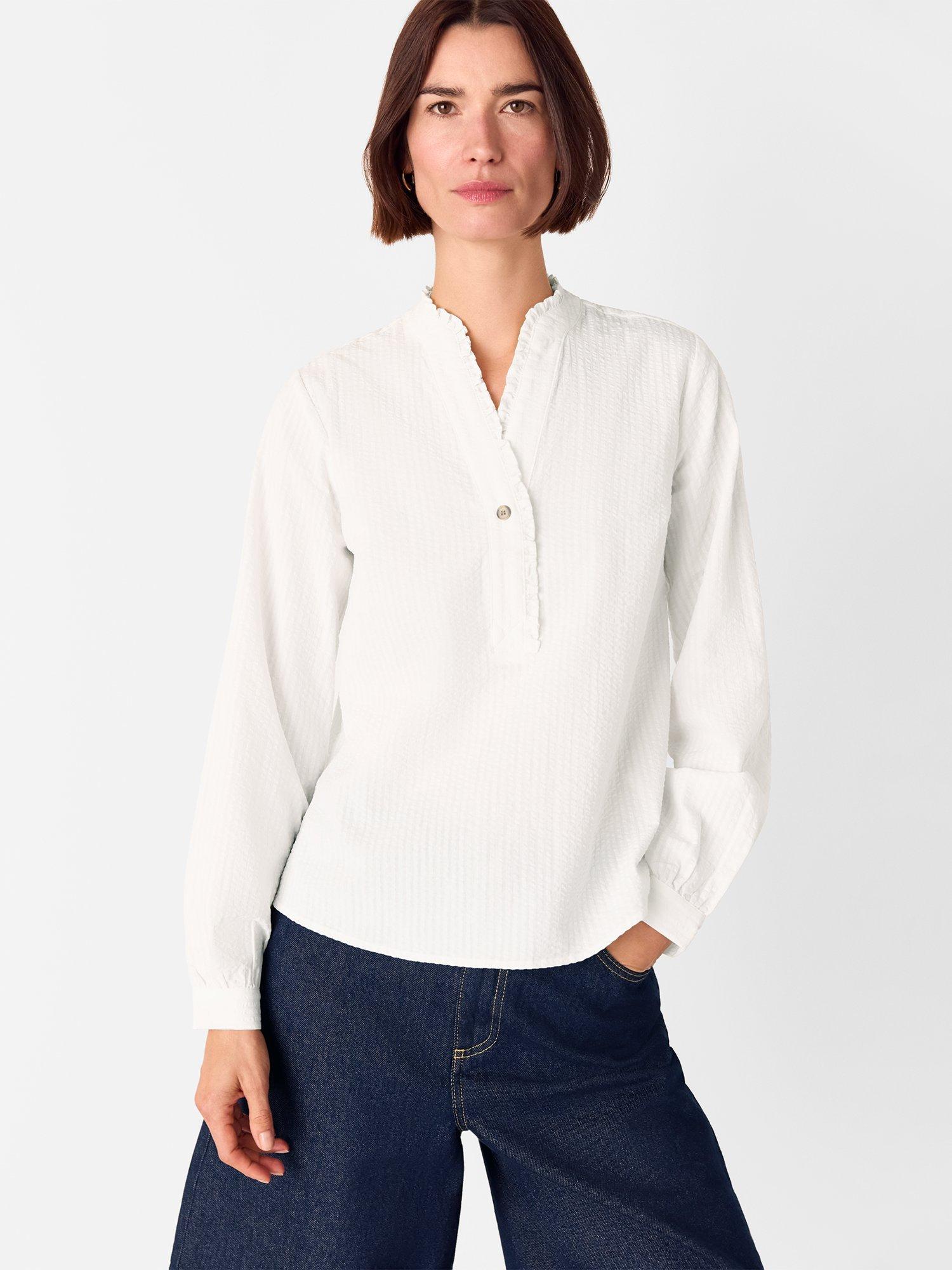 Product image 1 of 5, which shows Whistles Textured Frill Cotton Shirt, White, 6