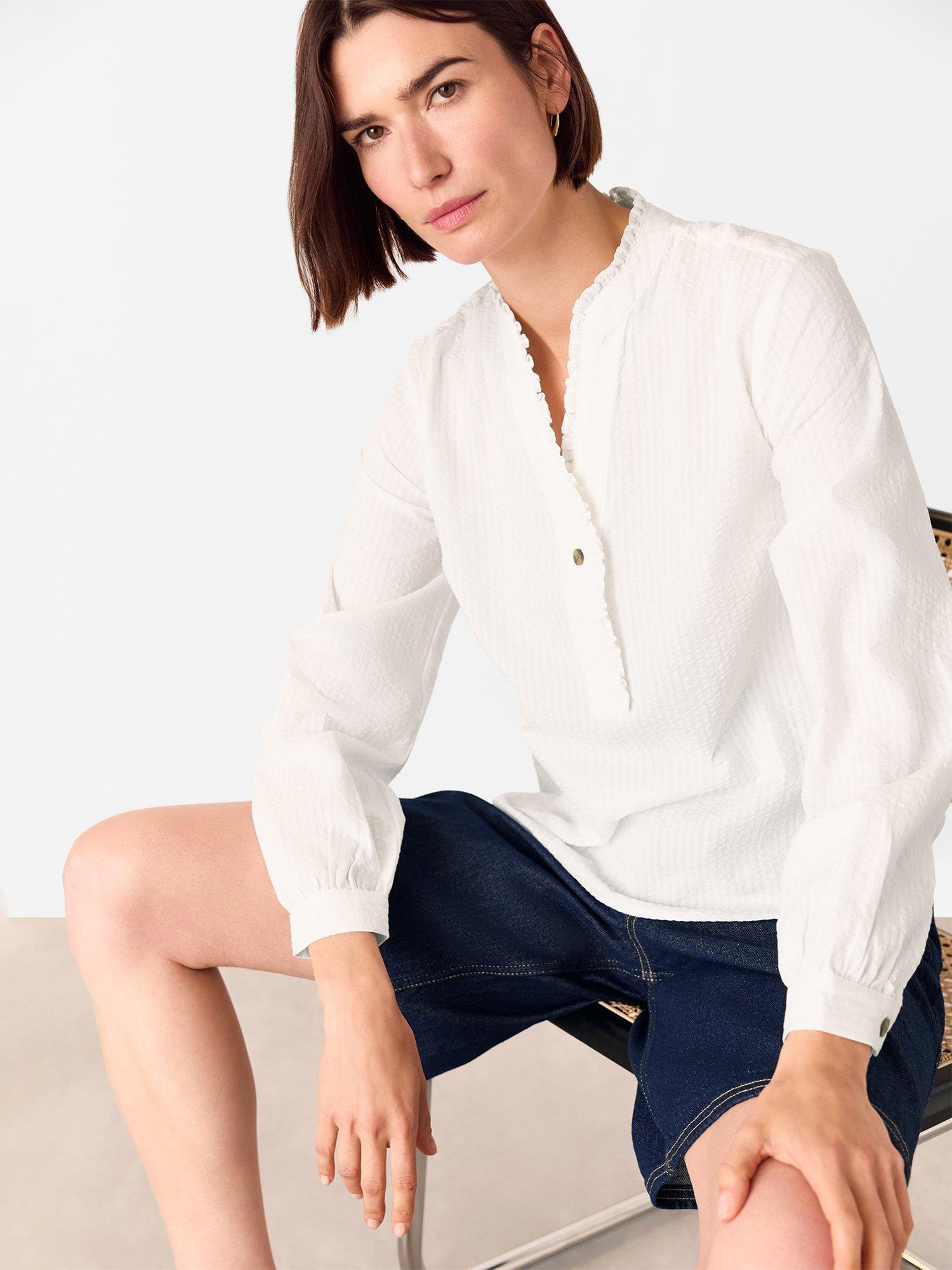 Product image 4 of 5, which shows Whistles Textured Frill Cotton Shirt, White, 6