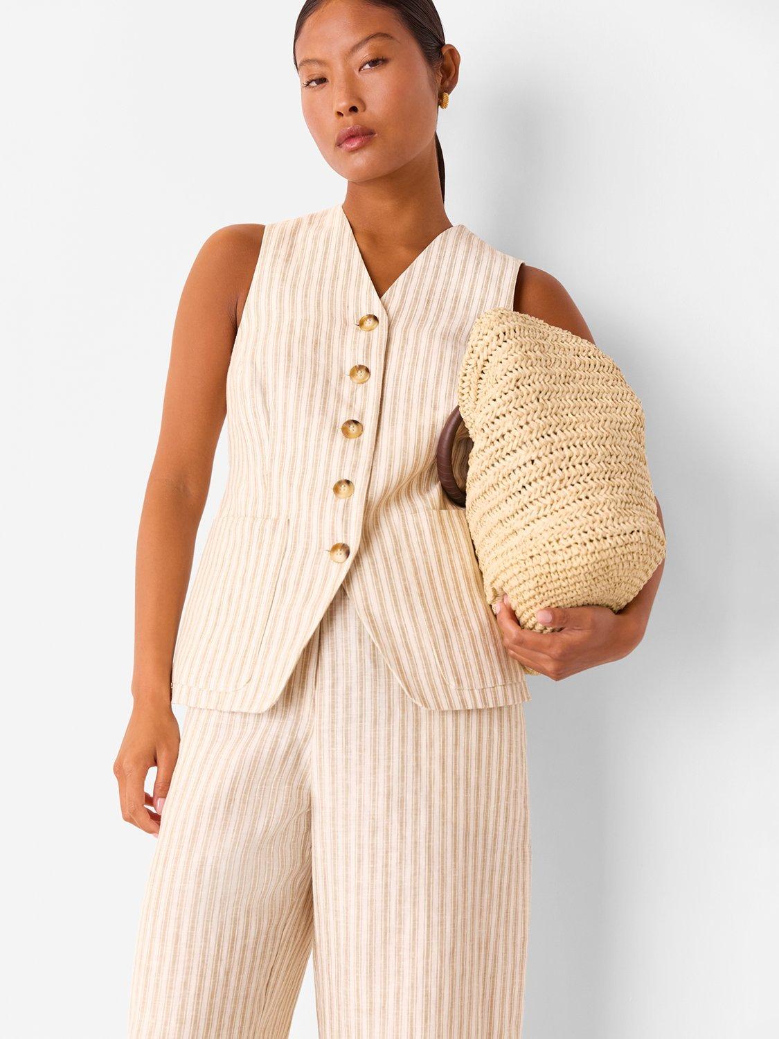 Product image 1 of 4, which shows Whistles Petite Stripe Pure Linen Waistcoat, Neutral, 6