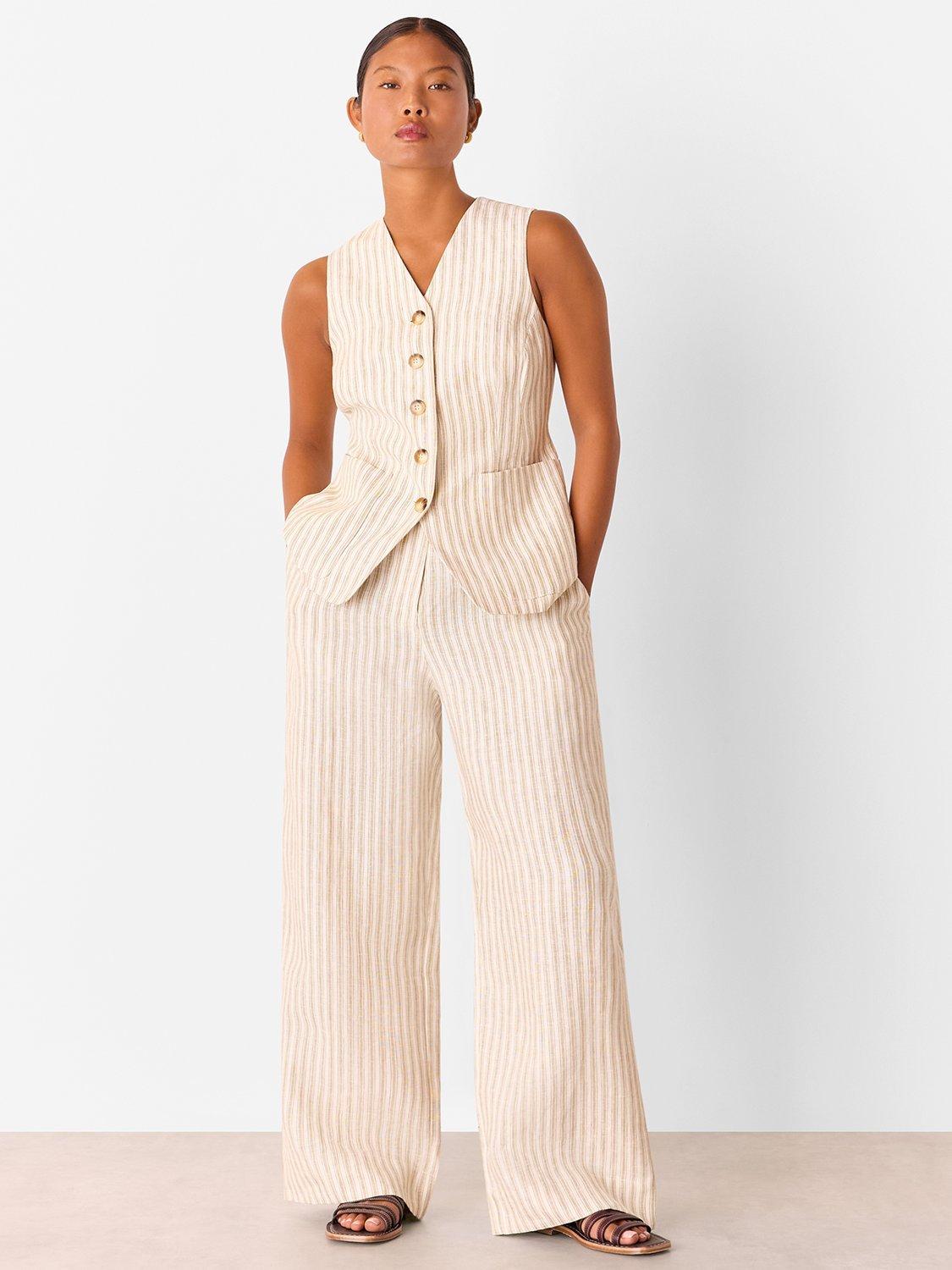 Product image 3 of 4, which shows Whistles Petite Stripe Pure Linen Waistcoat, Neutral, 6