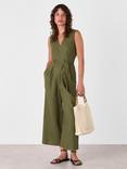 Whistles Belted Seamed Pure Linen Jumpsuit, Khaki