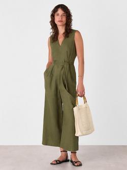 Whistles Belted Seamed Pure Linen Jumpsuit, Khaki, Khaki