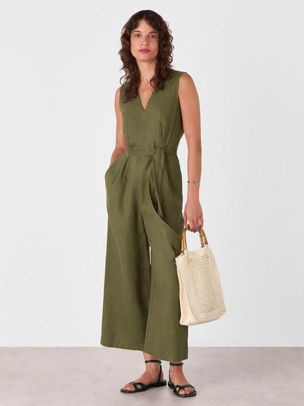 Whistles Belted Seamed Pure Linen Jumpsuit, Khaki, Khaki