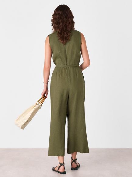 Whistles Belted Seamed Pure Linen Jumpsuit, Khaki - view 2, Khaki