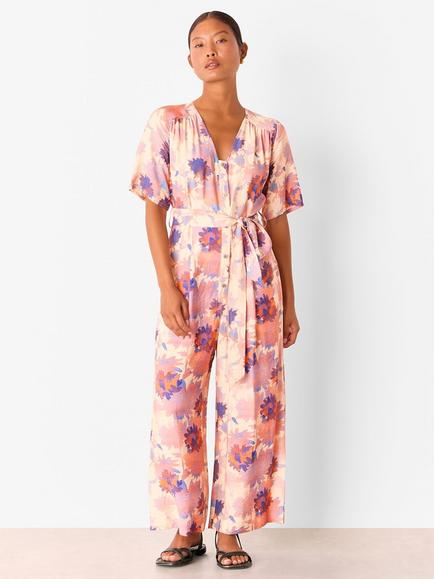 Whistles Petite Floral Button Front Jumpsuit, Pink/Multi, Pink/Multi