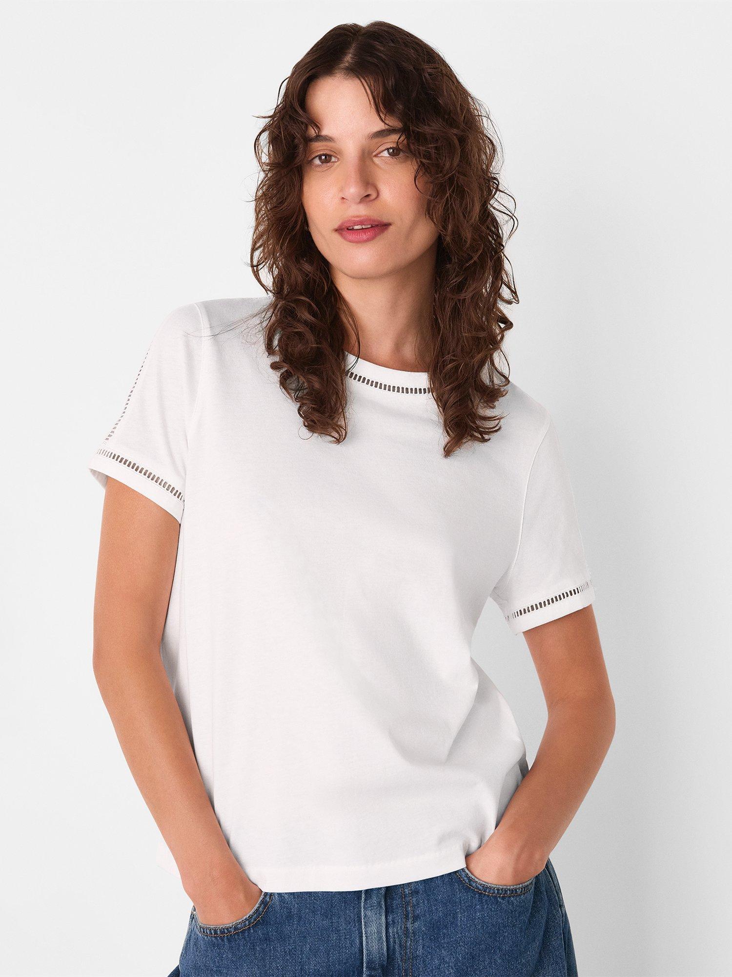 Product image 1 of 5, which shows Whistles Broderie Trim Detail T-Shirt, White, XS