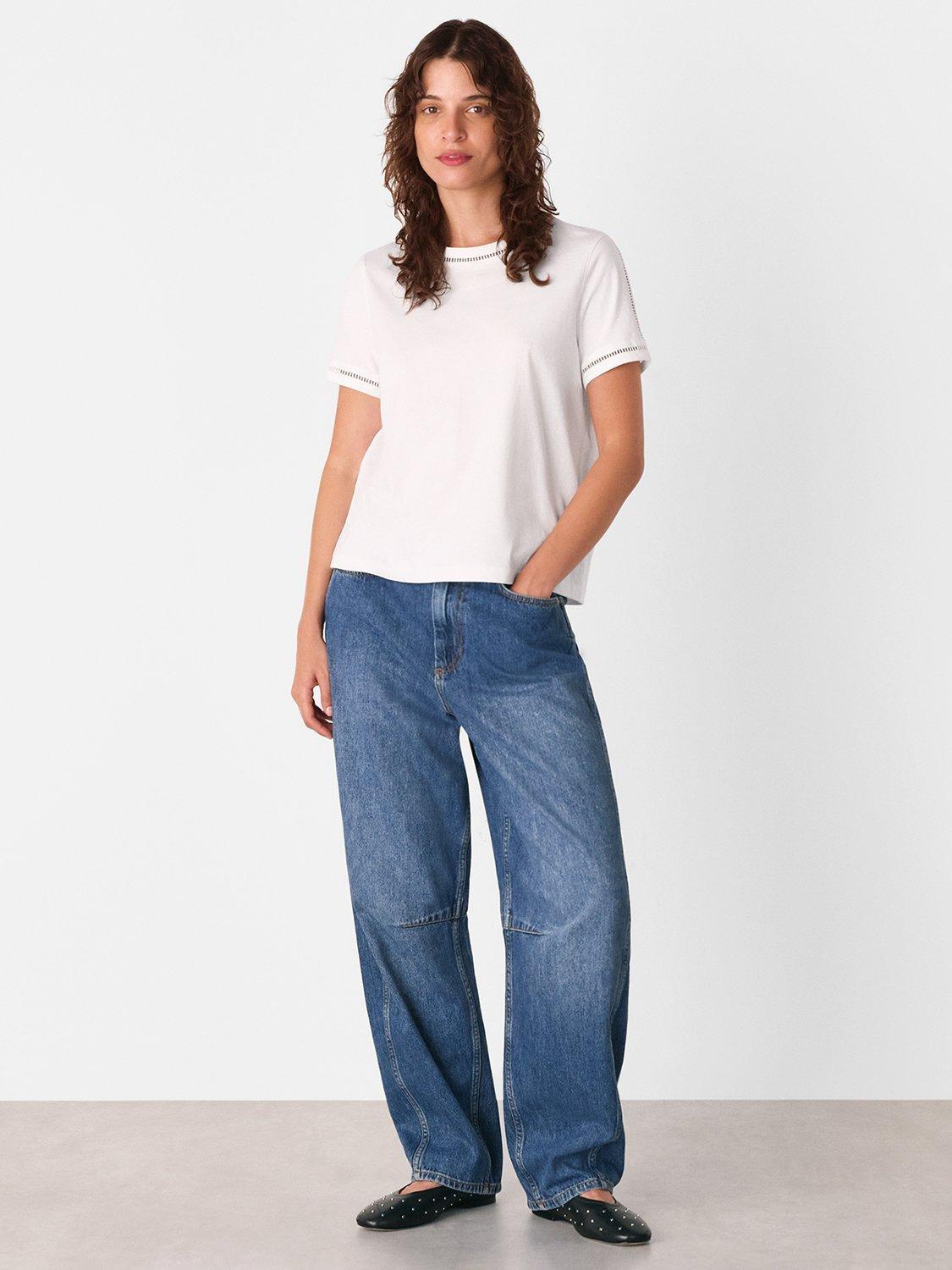 Product image 3 of 5, which shows Whistles Broderie Trim Detail T-Shirt, White, XS