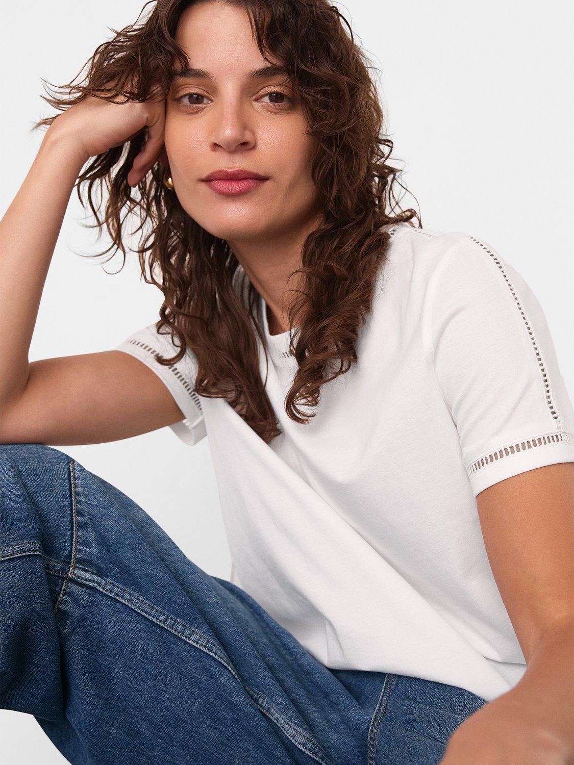 Product image 4 of 5, which shows Whistles Broderie Trim Detail T-Shirt, White, XS