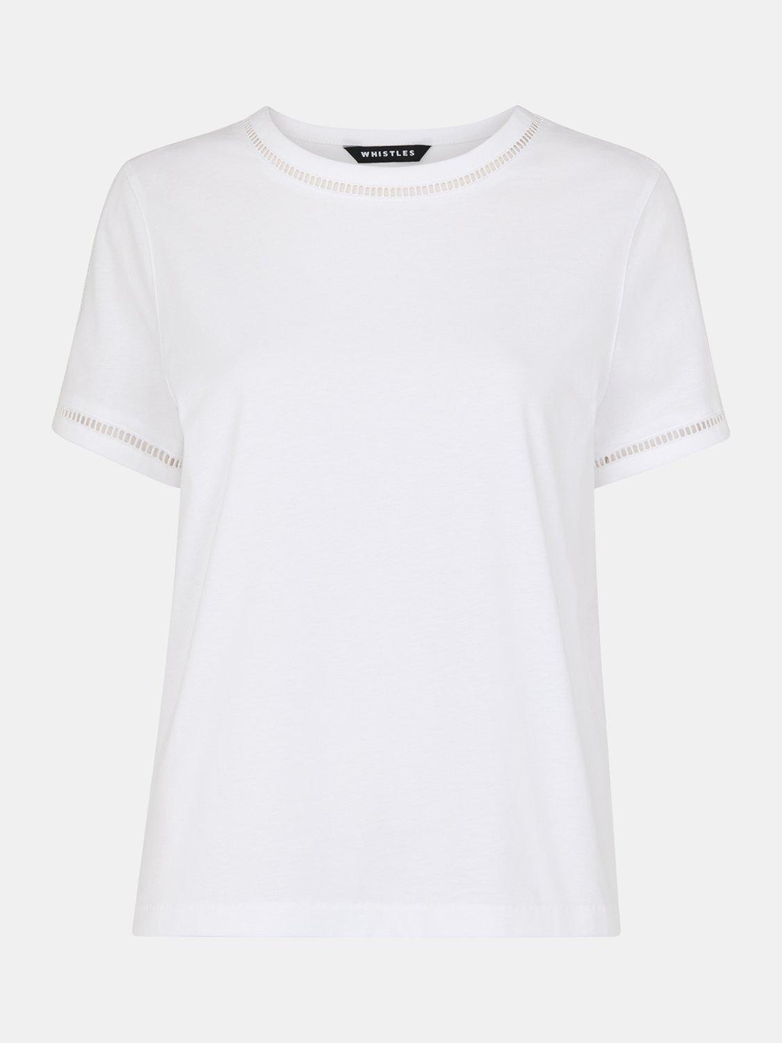 Product image 5 of 5, which shows Whistles Broderie Trim Detail T-Shirt, White, XS