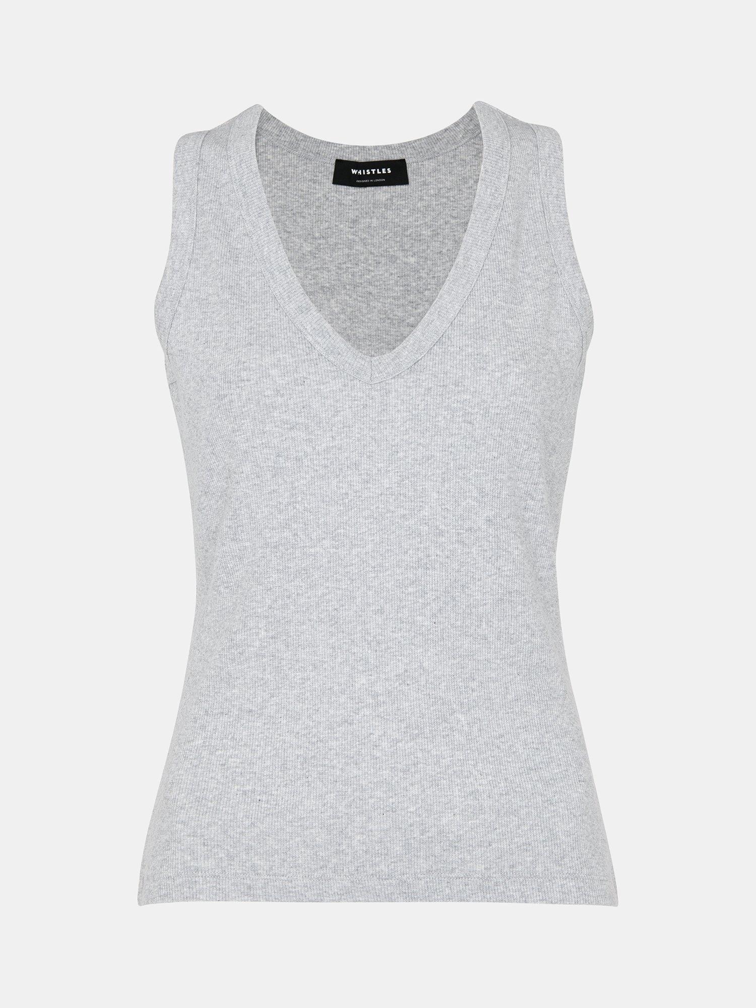 Product image 5 of 5, which shows Whistles Ellis V-Neck Jersey Vest Top, Grey Marl, XS