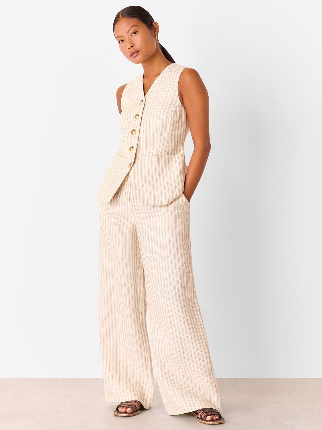 Product image 3 of 5, which shows Whistles Petite Stripe Pure Linen Trousers, Neutral, 6