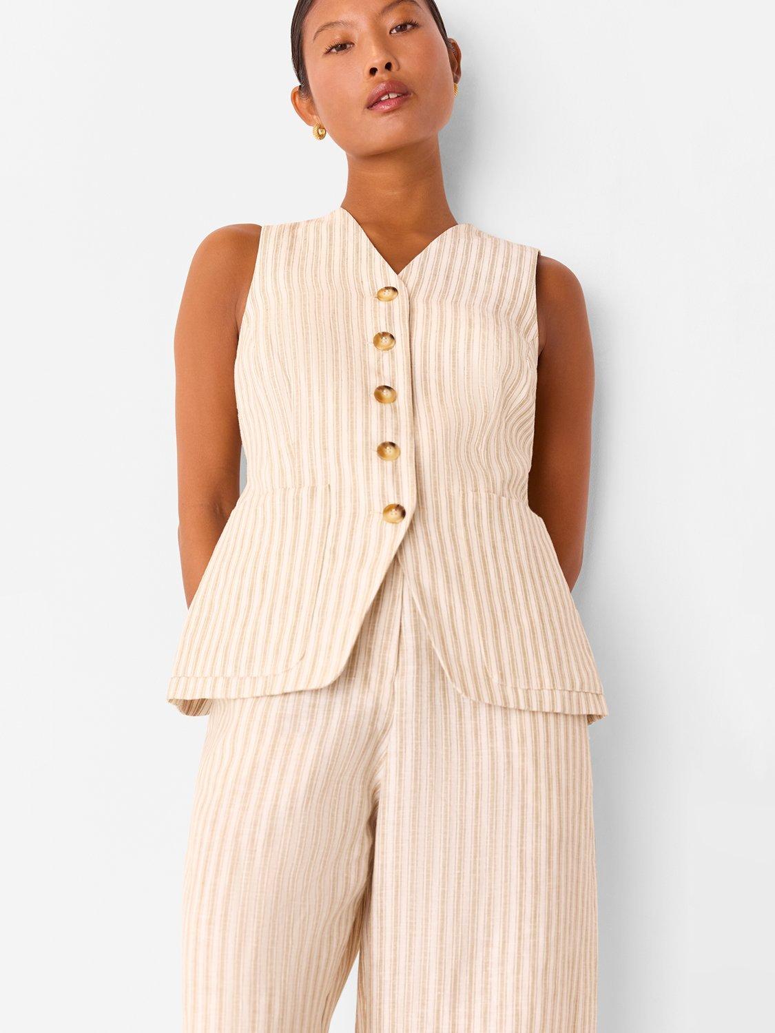 Product image 4 of 5, which shows Whistles Petite Stripe Pure Linen Trousers, Neutral, 6