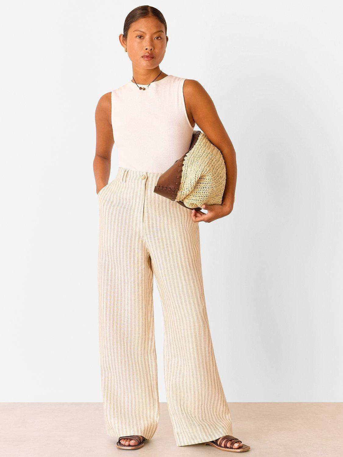 Product image 5 of 5, which shows Whistles Petite Stripe Pure Linen Trousers, Neutral, 6