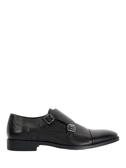 Dune London Satchin Wide Fit Leather Flexi Sole Toe Cap Monk Shoes, Black, Black