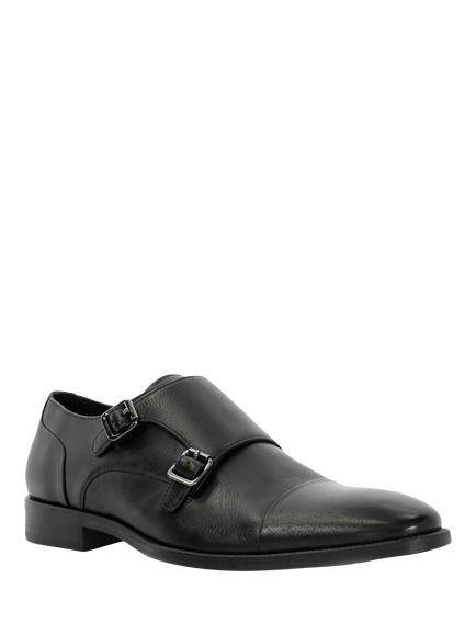 Dune London Satchin Wide Fit Leather Flexi Sole Toe Cap Monk Shoes, Black - view 2, Black