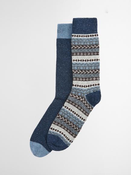 Barbour Wool Blend Fleck & Fairisle Socks, Pack of 2, Midnight Oak, Midnight Oak