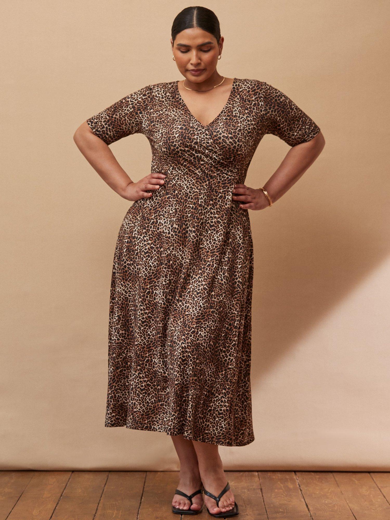 Product image 1 of 3, which shows Live Unlimited Curve Leopard Print Midi Dress, Brown, 12R