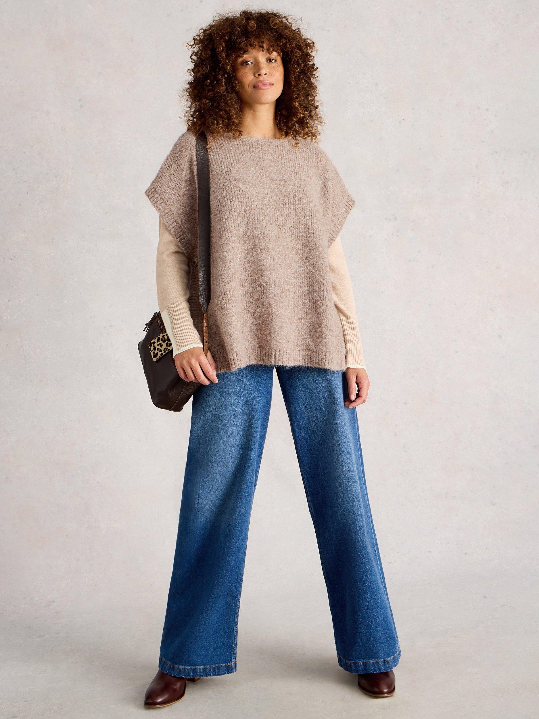 Product image 1 of 6, which shows White Stuff Diamond Wool Blend Short Sleeve Round Neck Poncho, Lgt Nat, L