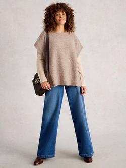 White Stuff Diamond Wool Blend Short Sleeve Round Neck Poncho, Lgt Nat