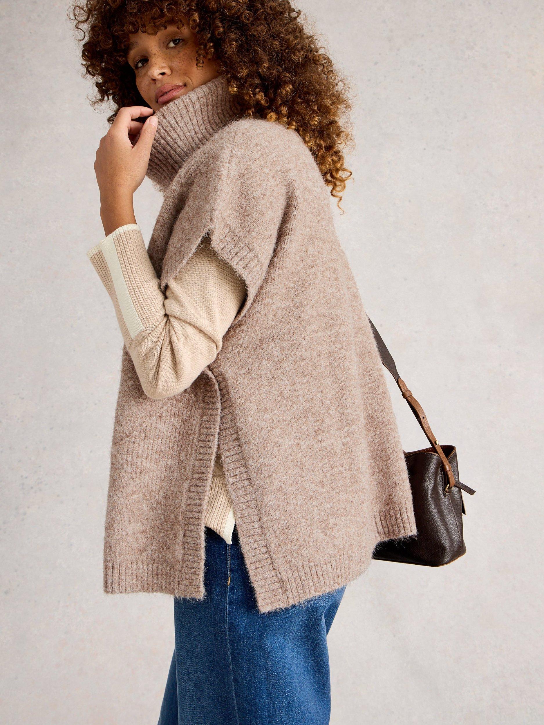 Product image 2 of 6, which shows White Stuff Diamond Wool Blend Short Sleeve Round Neck Poncho, Lgt Nat, L