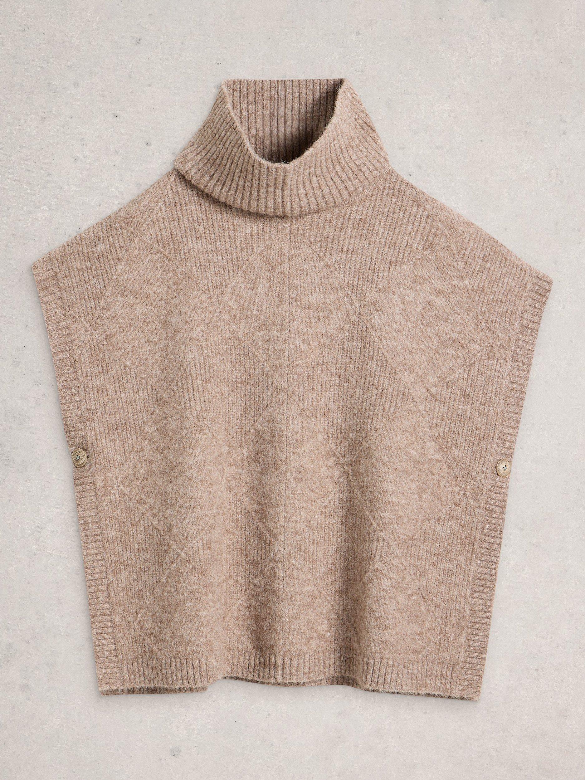 Product image 5 of 6, which shows White Stuff Diamond Wool Blend Short Sleeve Round Neck Poncho, Lgt Nat, L