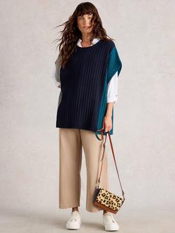 White Stuff Ava Wool Blend Stripe Round Neck Poncho, Navy/Multi