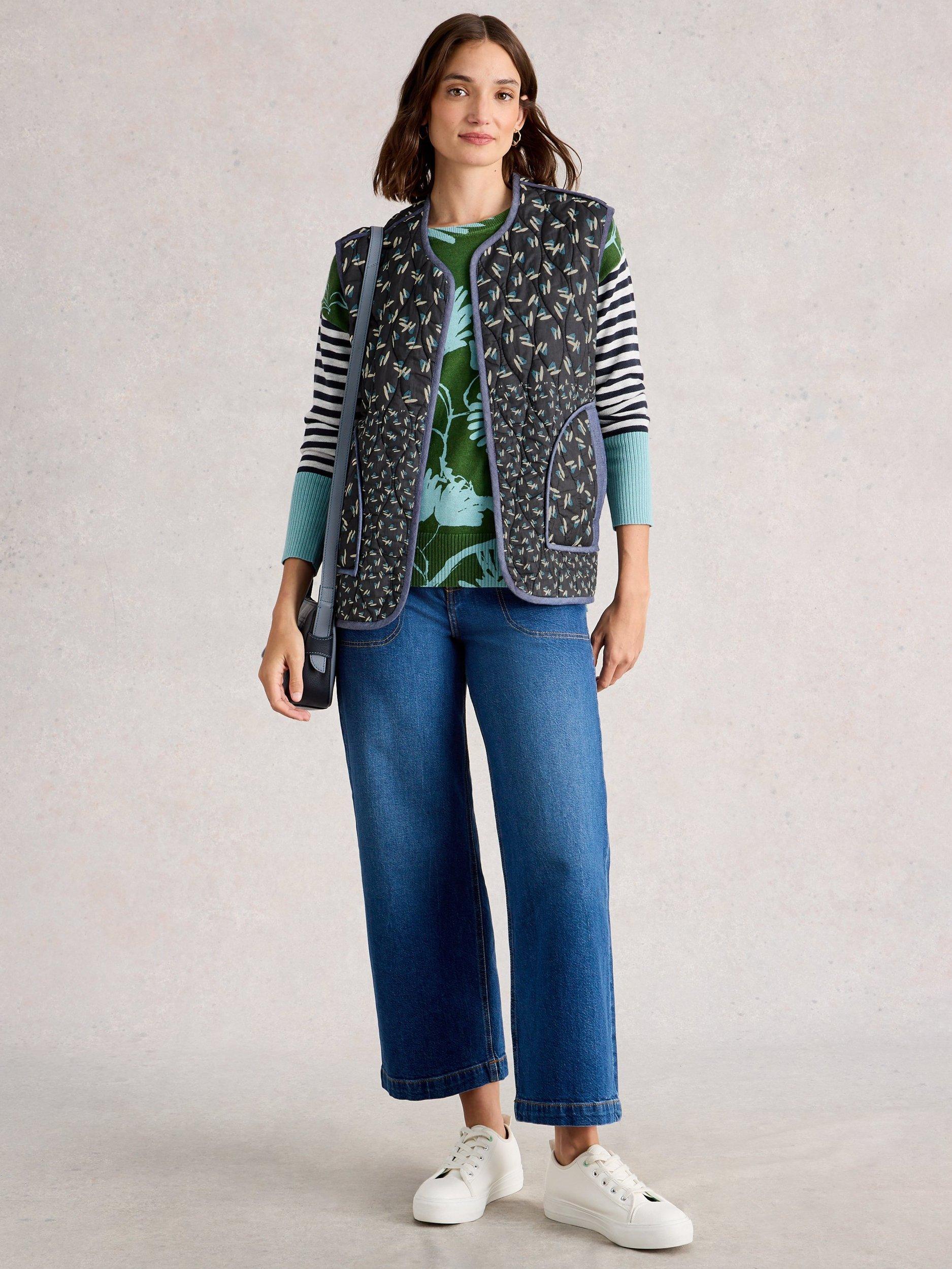 Product image 1 of 7, which shows White Stuff Carla Organic Cotton Reversible Gilet, Blue/Multi, S