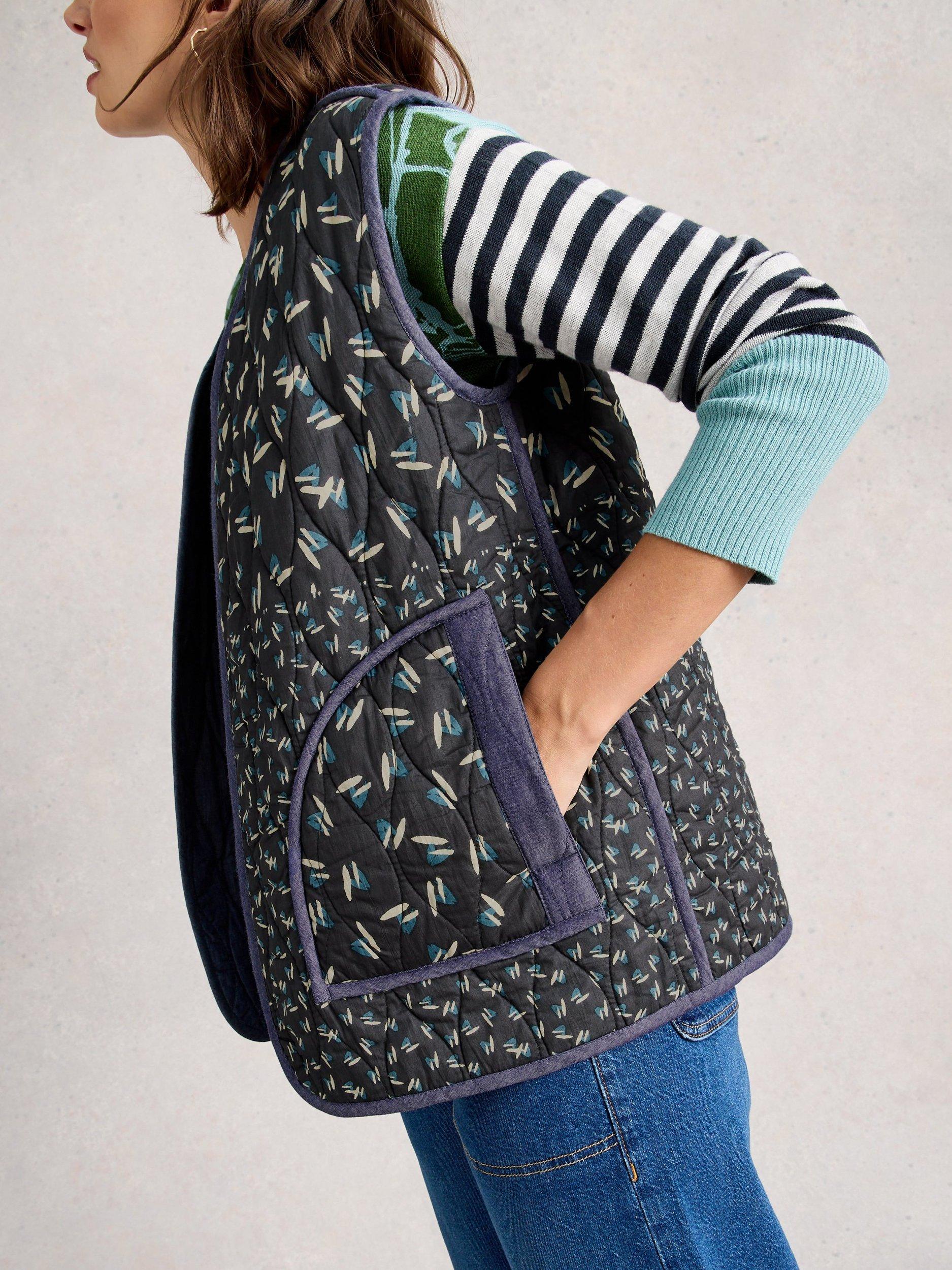 Product image 3 of 7, which shows White Stuff Carla Organic Cotton Reversible Gilet, Blue/Multi, S