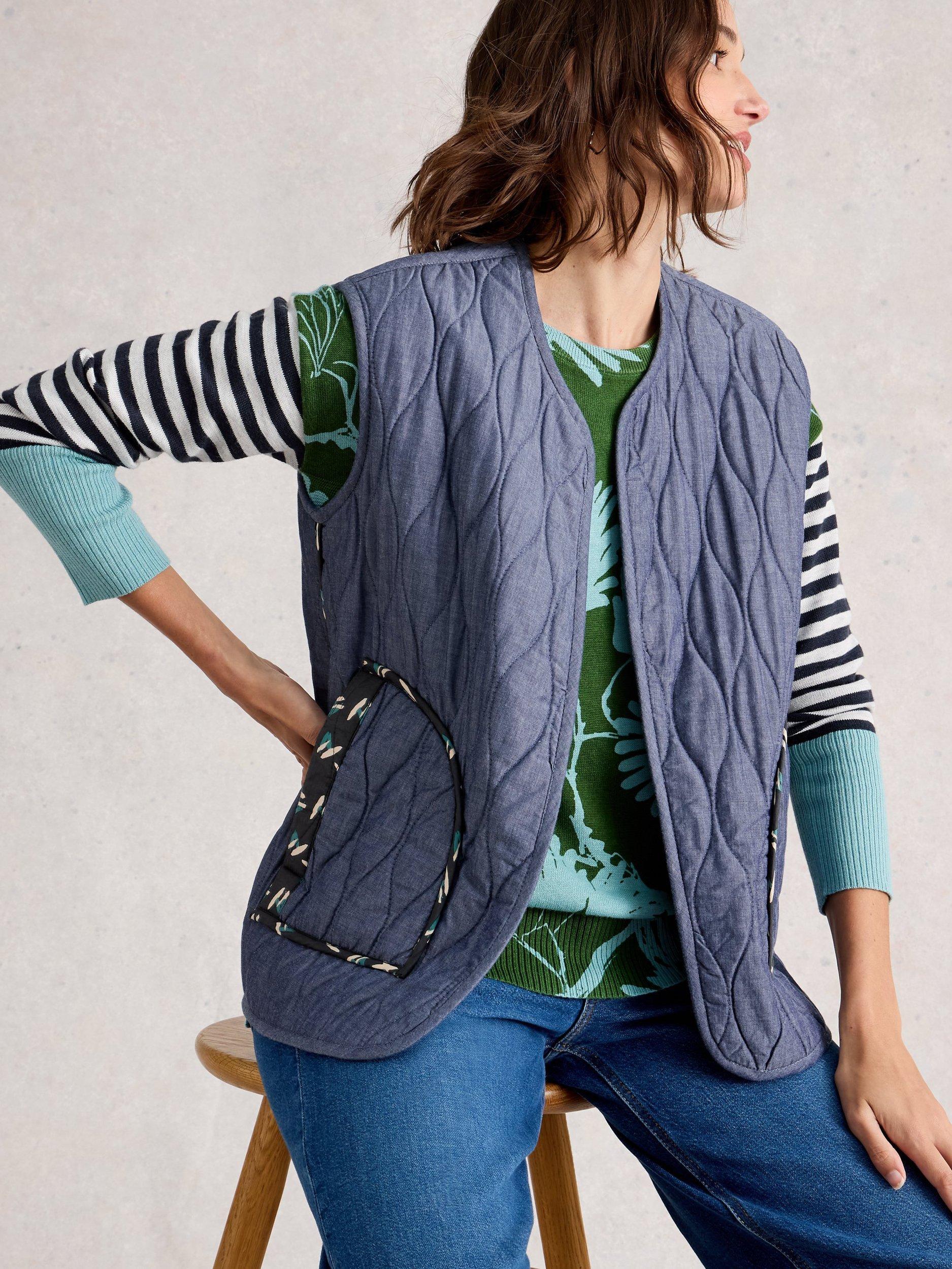 Product image 4 of 7, which shows White Stuff Carla Organic Cotton Reversible Gilet, Blue/Multi, S