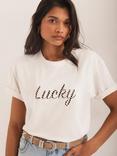 Mint Velvet Cut Out Slogan T-Shirt, Cream/Multi