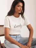 Mint Velvet Cut Out Slogan T-Shirt, Cream/Multi
