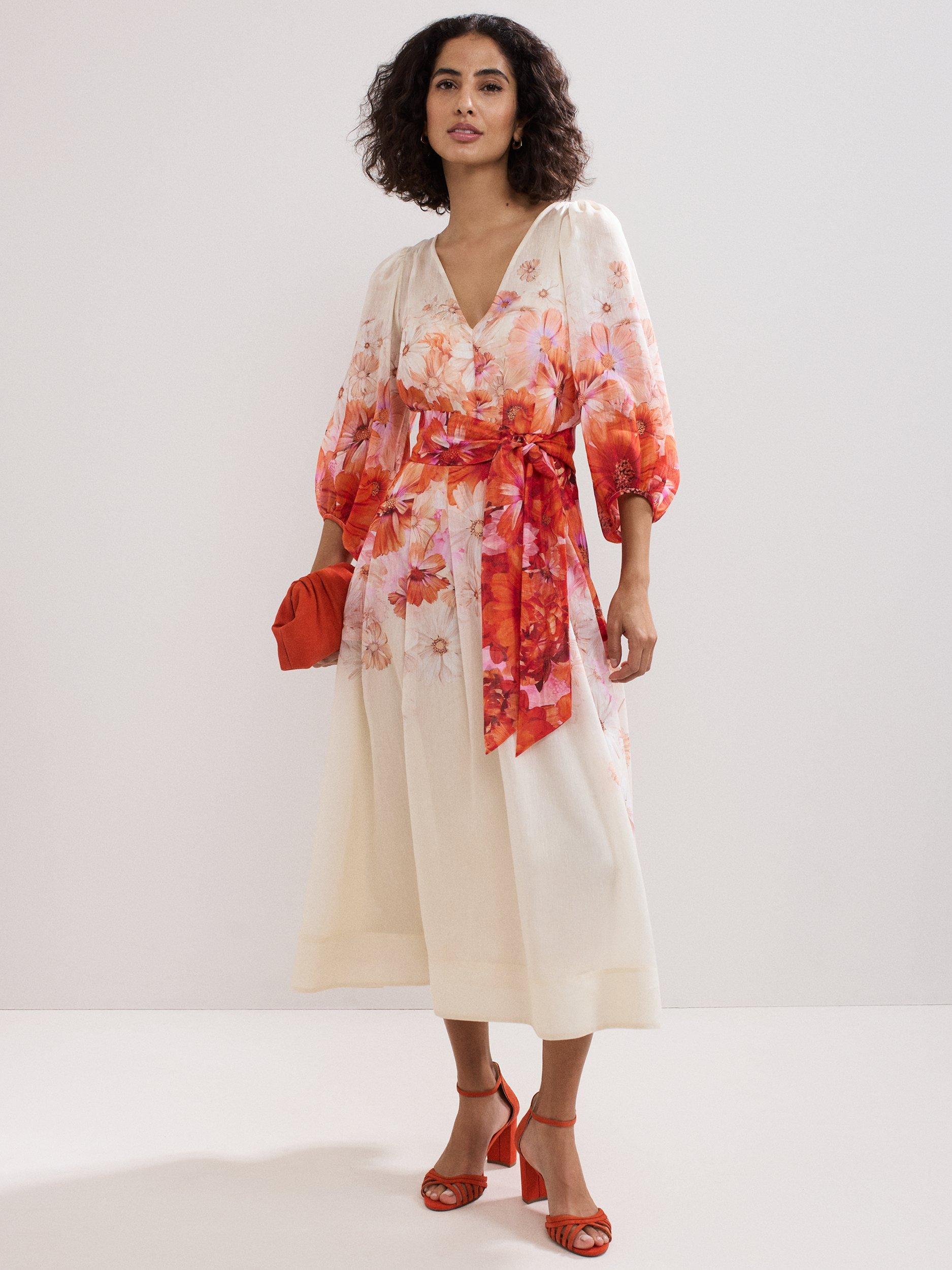 Product image 1 of 8, which shows Phase Eight Jaslyn V-Neck Floral Print Linen Blend Midi Dress, Multi, 6