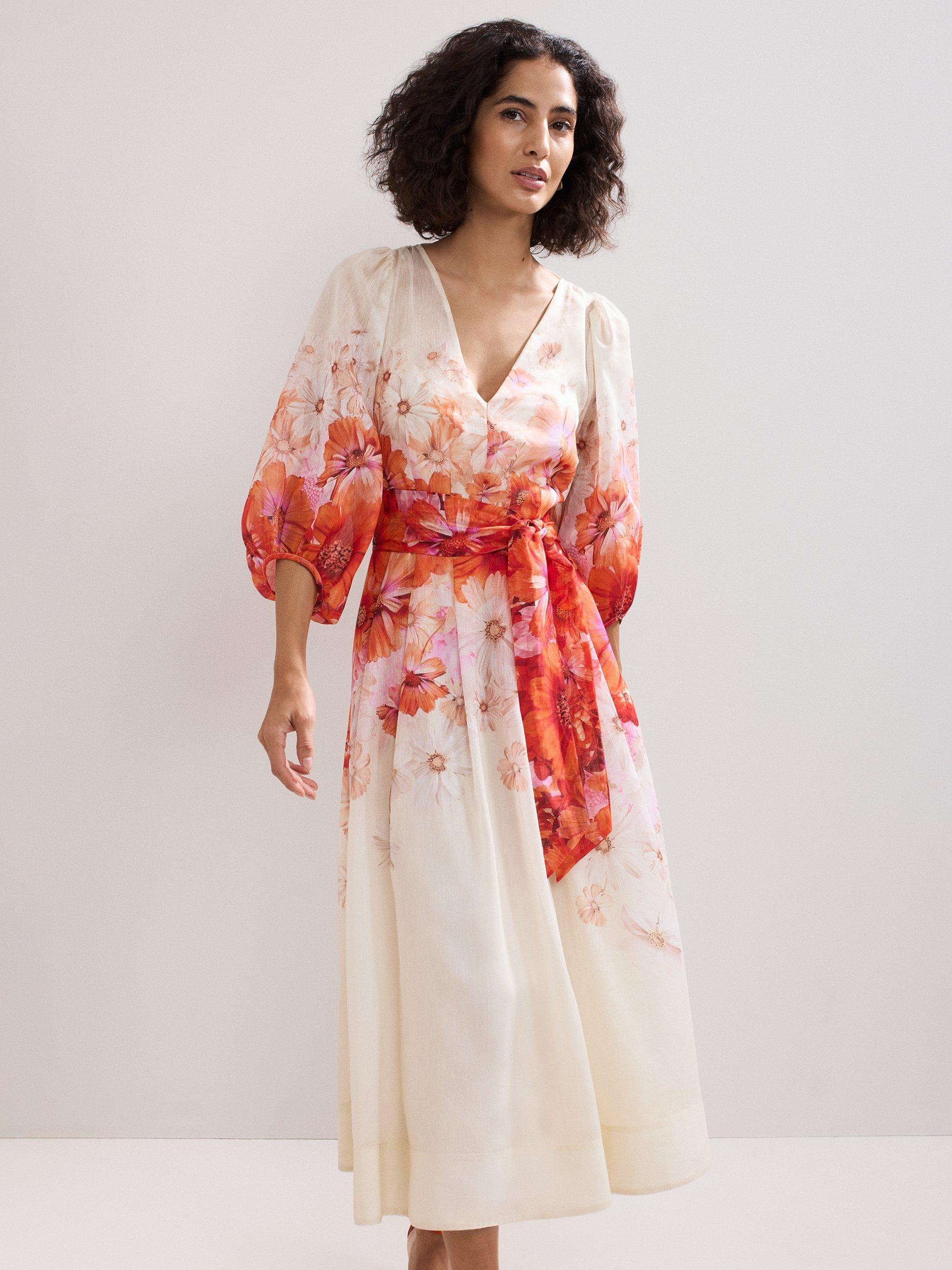 Product image 3 of 8, which shows Phase Eight Jaslyn V-Neck Floral Print Linen Blend Midi Dress, Multi, 6