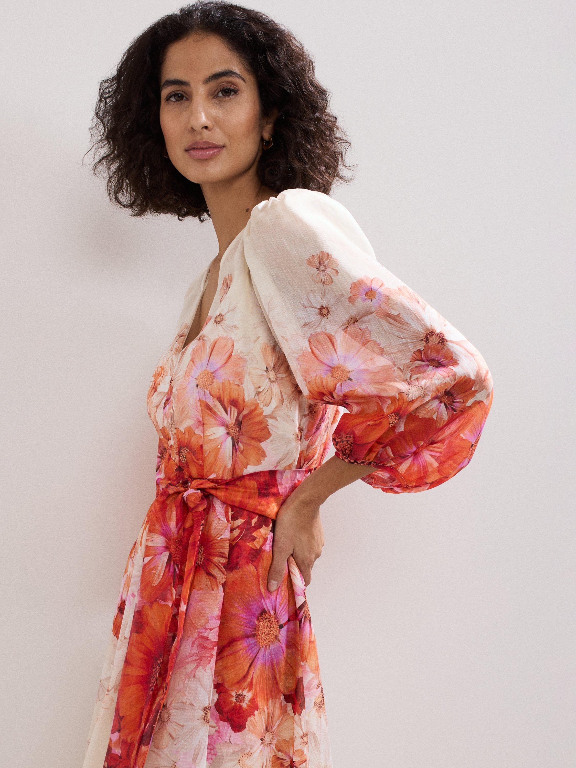 Product image 4 of 8, which shows Phase Eight Jaslyn V-Neck Floral Print Linen Blend Midi Dress, Multi, 6