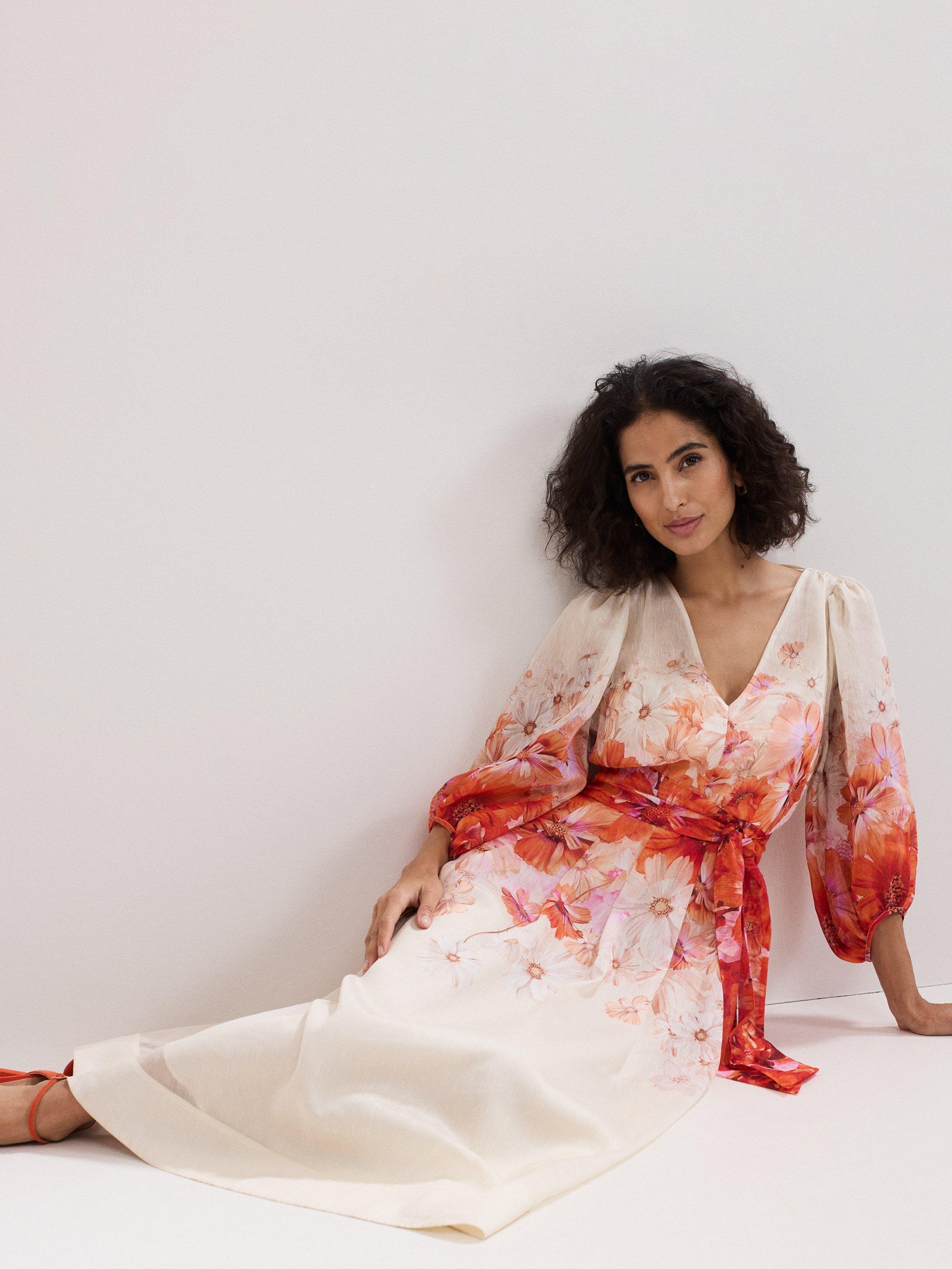 Product image 8 of 8, which shows Phase Eight Jaslyn V-Neck Floral Print Linen Blend Midi Dress, Multi, 6