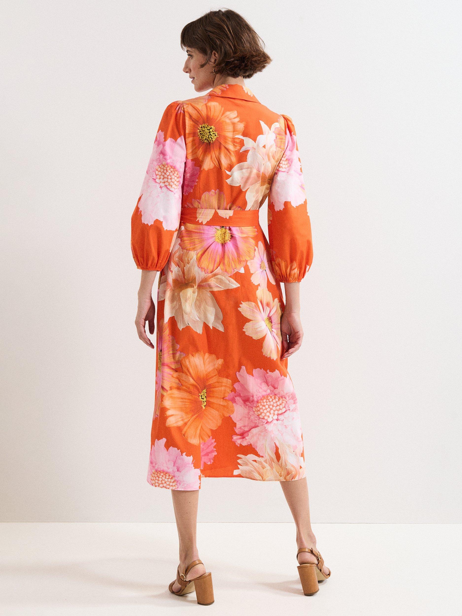 Product image 2 of 7, which shows Phase Eight Kristina Floral Midi Dress, Orange, 6