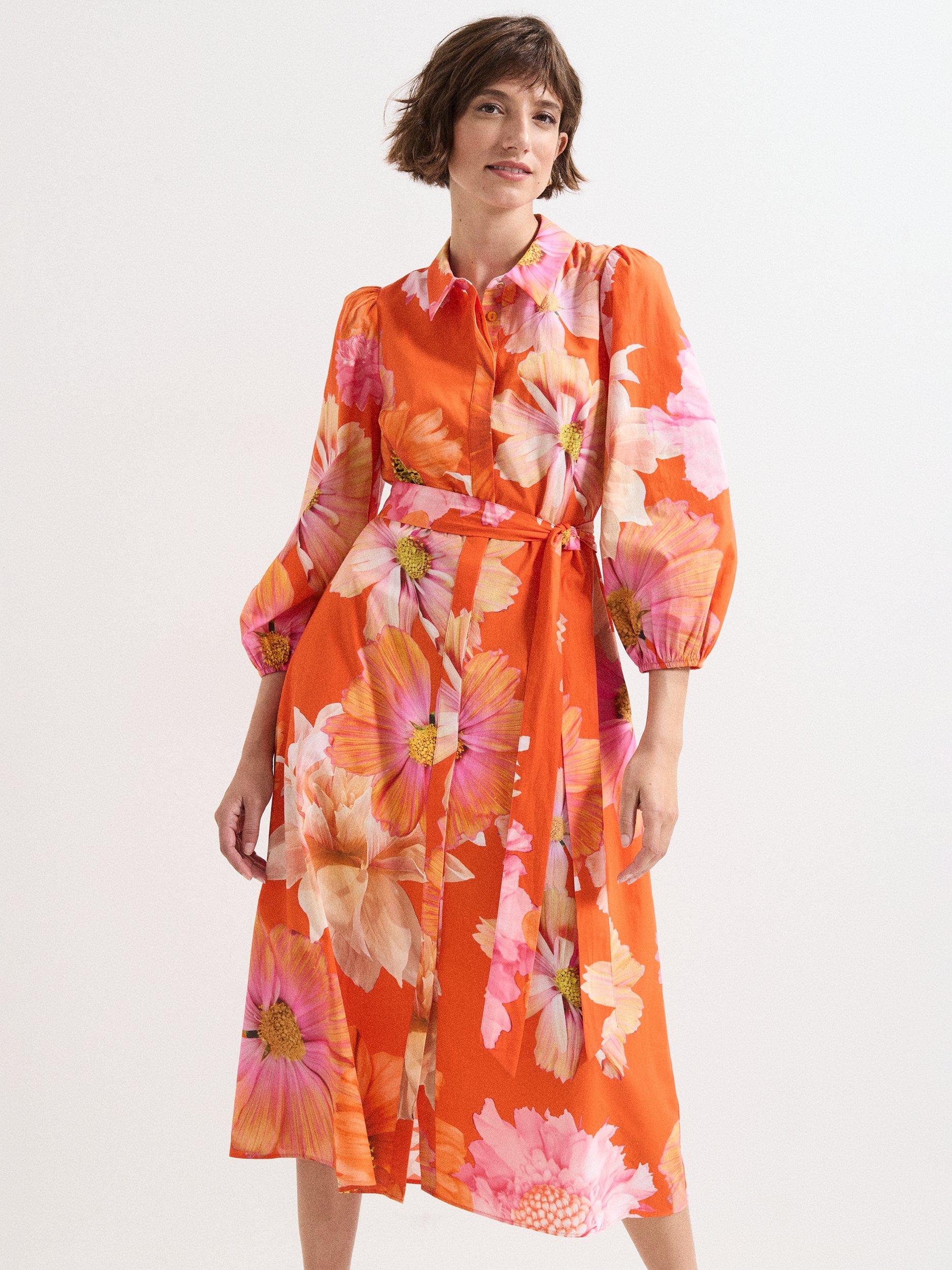 Product image 3 of 7, which shows Phase Eight Kristina Floral Midi Dress, Orange, 6