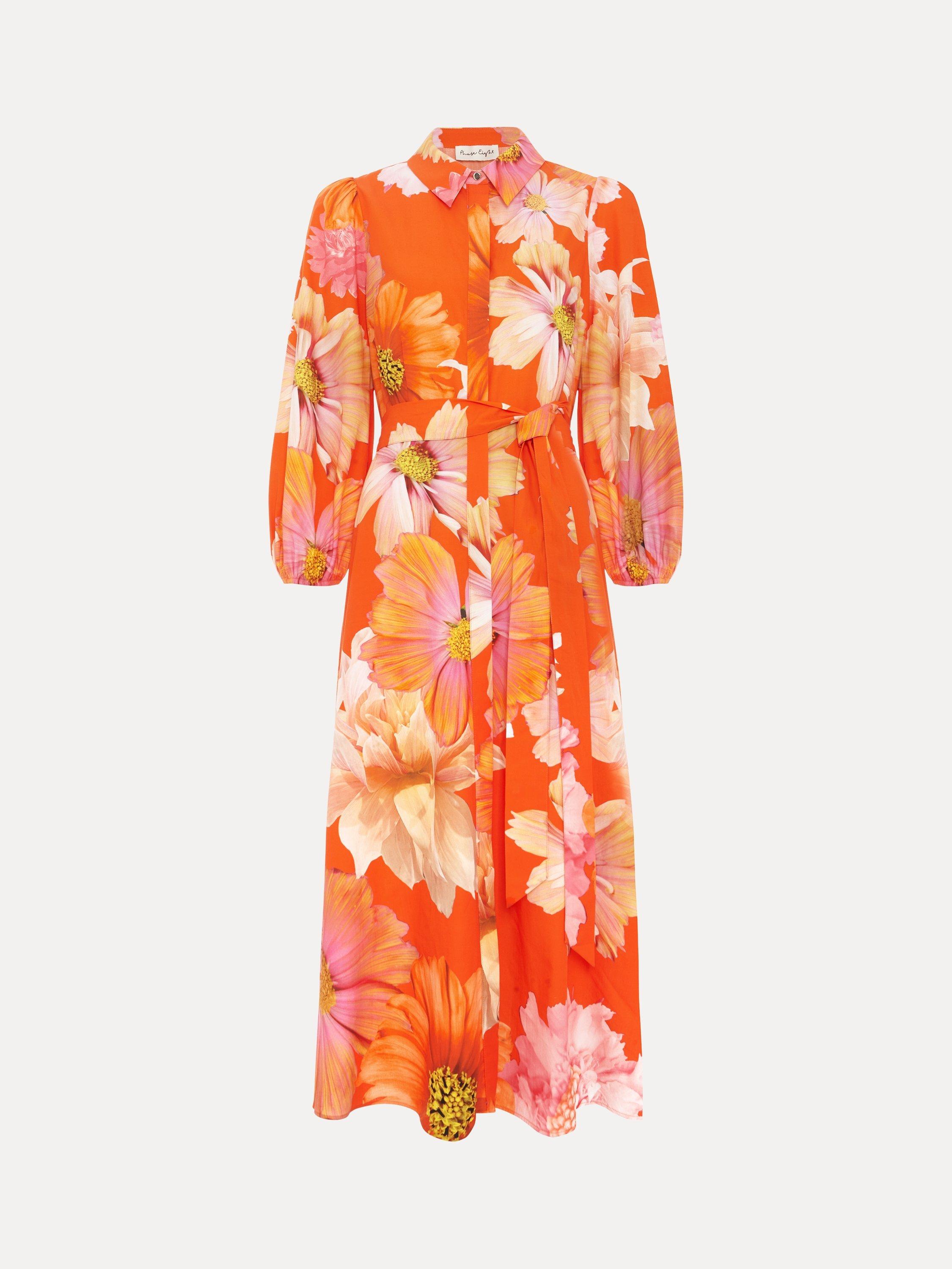 Product image 5 of 7, which shows Phase Eight Kristina Floral Midi Dress, Orange, 6