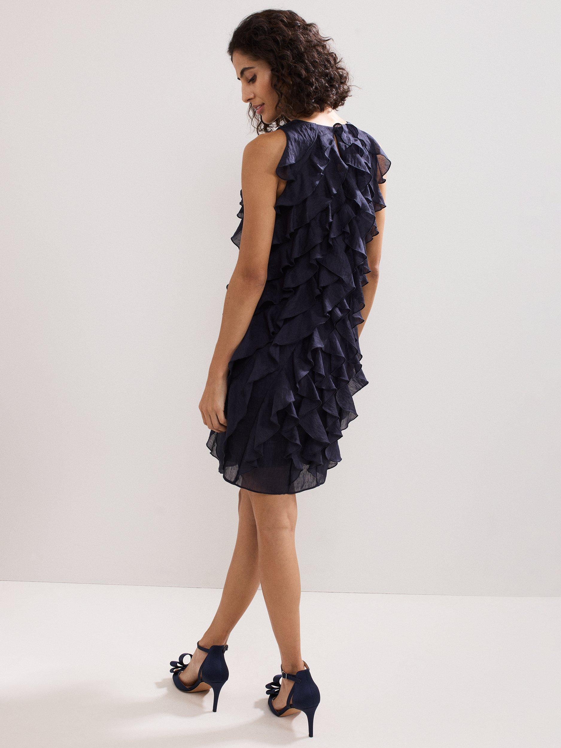 Product image 2 of 7, which shows Phase Eight Latara Ruffle Mini Dress containing TENCEL™ Lyocell, Navy, 8