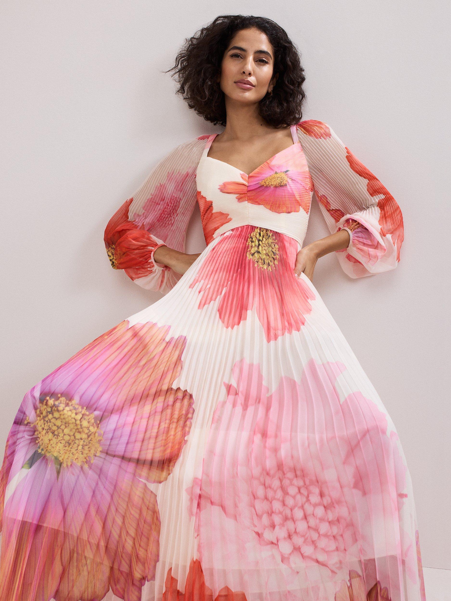 Product image 3 of 7, which shows Phase Eight Reanna Pleated Floral Maxi Dress, Ivory/Multi, 6
