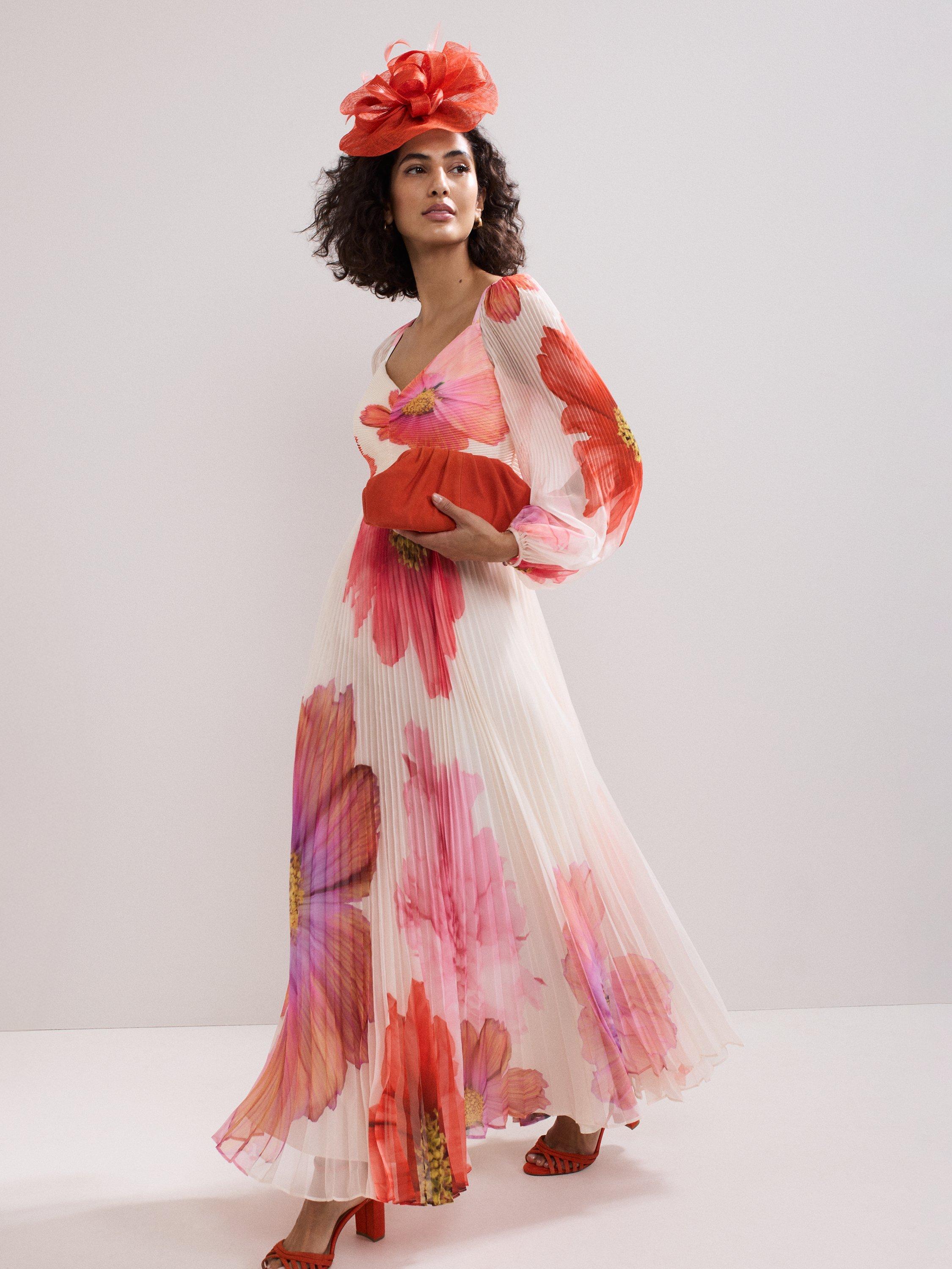 Product image 7 of 7, which shows Phase Eight Reanna Pleated Floral Maxi Dress, Ivory/Multi, 6