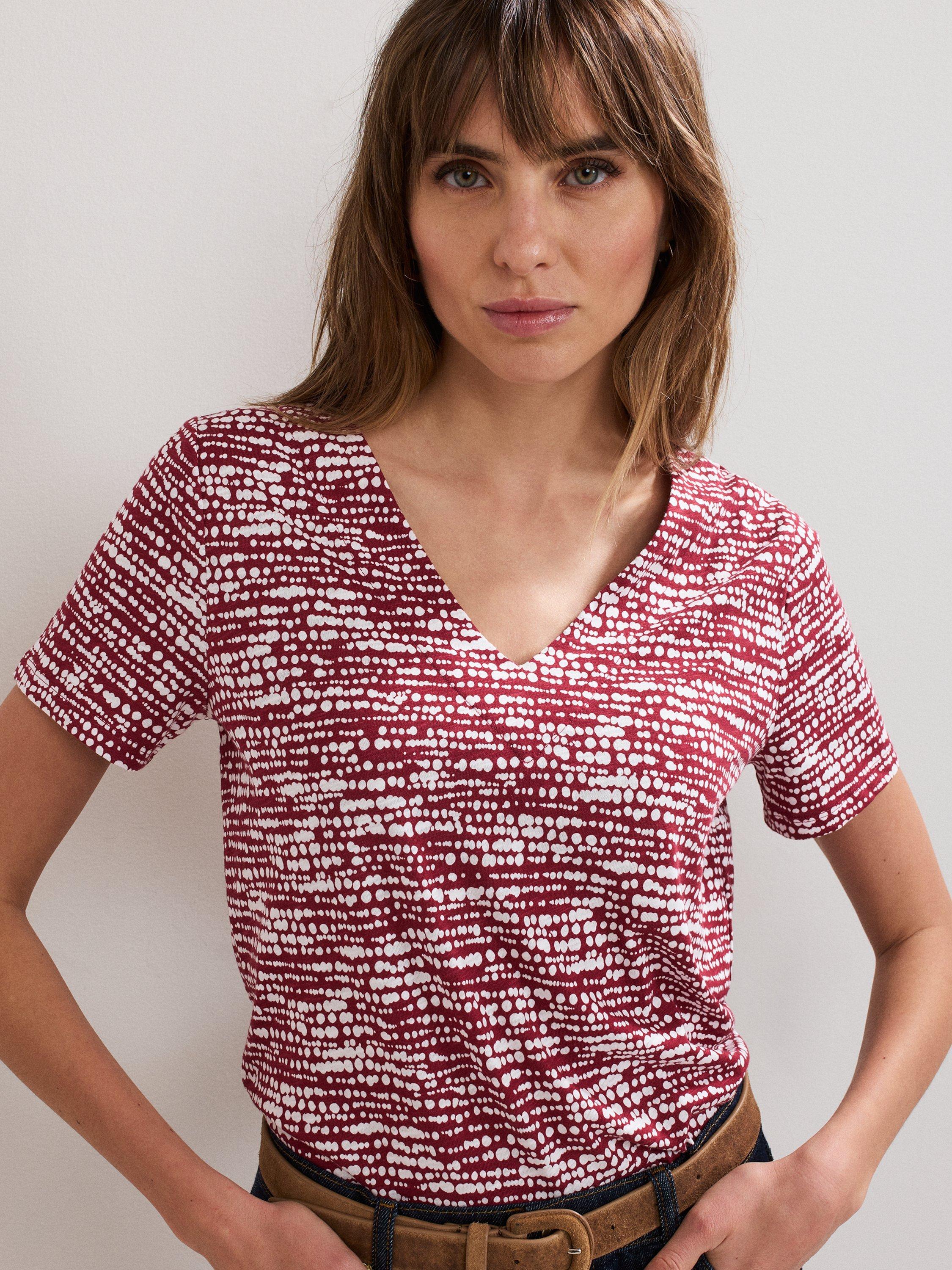 Product image 1 of 7, which shows Phase Eight Alice V-Neck Spotty Print Cotton Top, Burgundy/White, 8