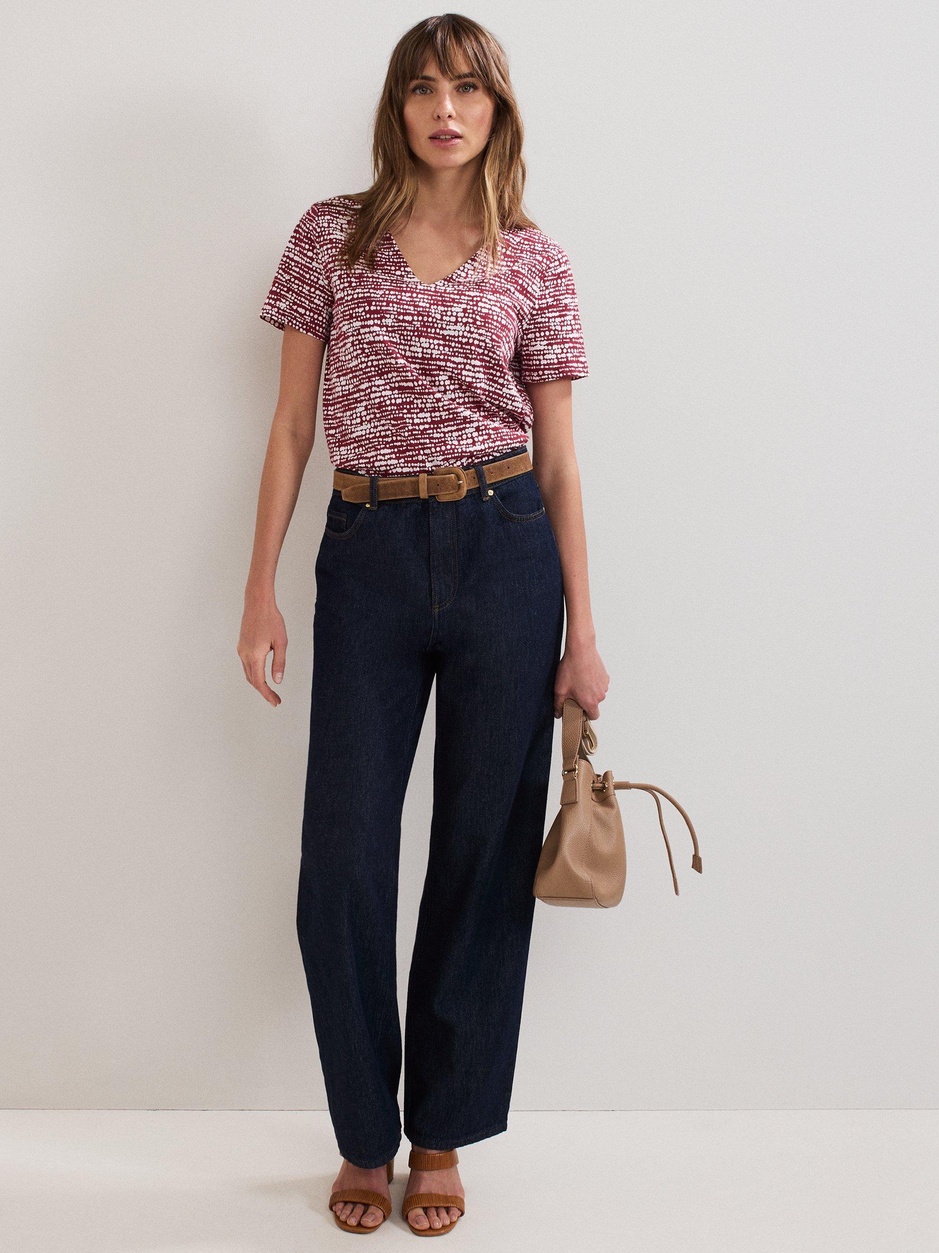 Product image 3 of 7, which shows Phase Eight Alice V-Neck Spotty Print Cotton Top, Burgundy/White, 8